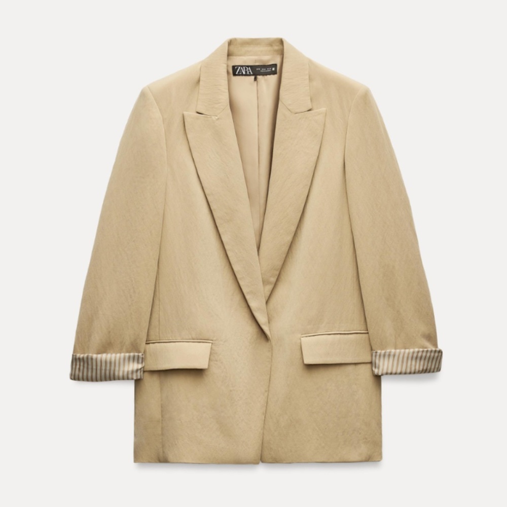 ZARA Khaki Blazer with Rolled-Up Sleeves Size Medium